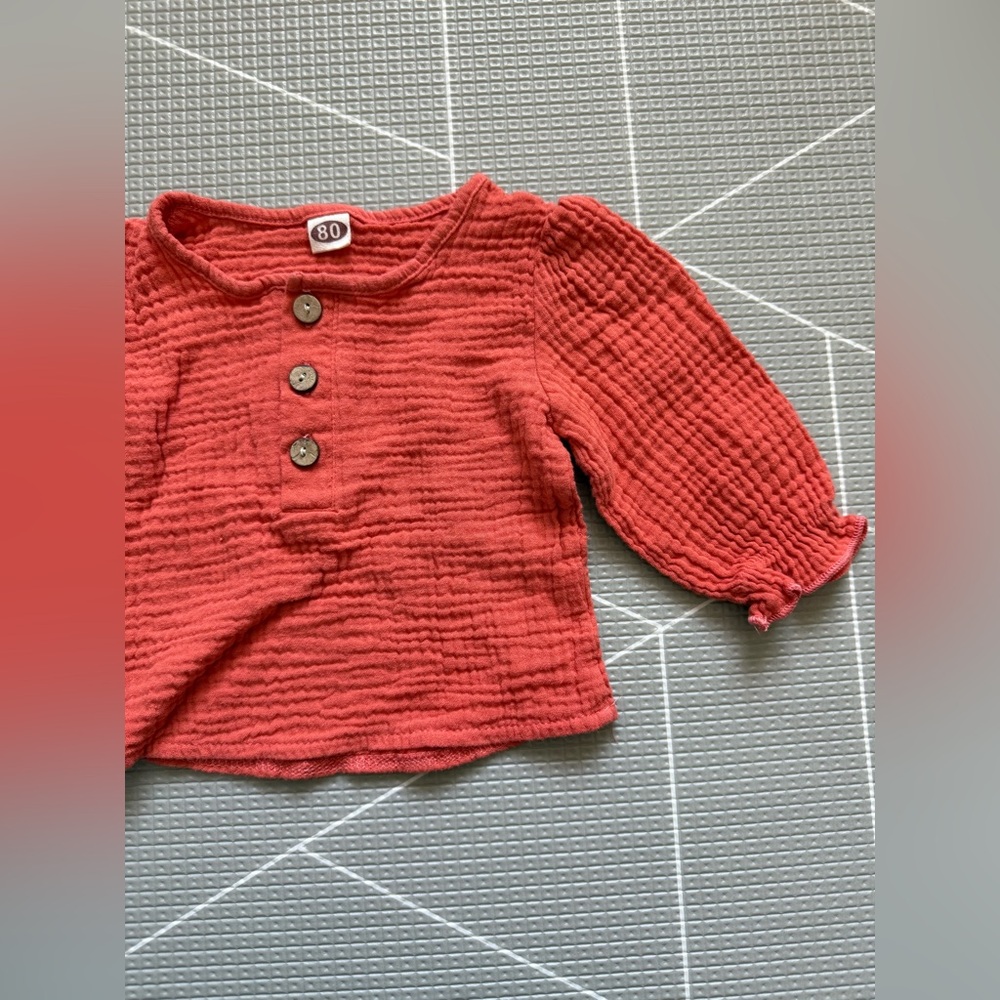 Small shop|Baby girl Red Coral Textured Gauzy cotton long sleeve blouse•••Boho